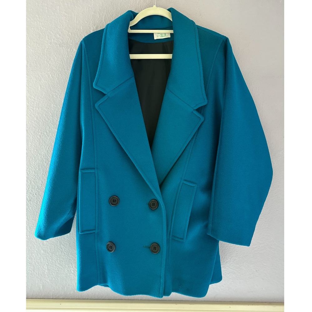 Vintage Jill Jr Teal‎ Blue Wool Double Breasted Peacoat Women's Made in USA